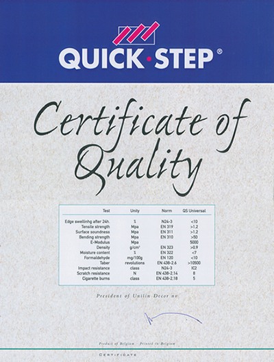 Quick·Step Certificate of Quality